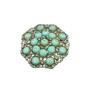 Vintage Czechoslovakia Pin Brooch Blue Glass Cabochon Ornate Filigree Setting